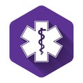 White Medical symbol of the Emergency - Star of Life icon isolated with long shadow. Purple hexagon button Royalty Free Stock Photo