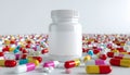 White Medicine Bottle with Empty Label Surrounded by Colorful Capsules and Tablets in Bright Studio Royalty Free Stock Photo