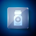 White Medicine bottle icon isolated on blue background. Bottle pill sign. Pharmacy design. Square glass panels. Vector Royalty Free Stock Photo