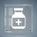 White Medicine bottle and pills icon isolated on grey background. Bottle pill sign. Pharmacy design. Square glass panels Royalty Free Stock Photo