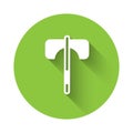 White Medieval axe icon isolated with long shadow. Battle axe, executioner axe. Medieval weapon. Green circle button Royalty Free Stock Photo