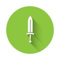 White Medieval sword icon isolated with long shadow. Medieval weapon. Green circle button. Vector Royalty Free Stock Photo
