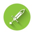 White Medieval sword icon isolated with long shadow. Medieval weapon. Green circle button. Vector Royalty Free Stock Photo
