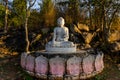 White meditating Buddha statue sits on the rock pile among forest trees in the afternoon time at India. Great religious Royalty Free Stock Photo
