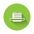 White Medovik icon isolated with long shadow. Honey layered cake or russian cake Medovik on plate. Green circle button