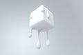 White melting cube with liquid drop details, 3d rendering