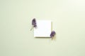 White memo card with purple flower on mint background. top view, copy space