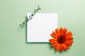 White memo pad, blank paper with orange gerbera daisy flower and eucalyptus leaf on green background Royalty Free Stock Photo