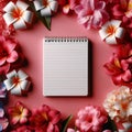 white memo pad placed in a sea of colorful exotic blossoms. Floral Background Royalty Free Stock Photo