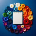 white memo pad surrounded by a vibrant spectrum of petals. Floral Background Royalty Free Stock Photo