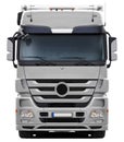 White Mercedes Actros truck front view.