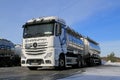 White Mercedes-Benz Actros Tank Truck on Icy Yard