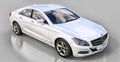 White Mercedes Benz CLS Coupe on a gray background. 3d rendering. Royalty Free Stock Photo