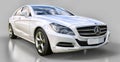 White Mercedes Benz CLS Coupe on a gray background. 3d rendering. Royalty Free Stock Photo