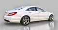 White Mercedes Benz CLS Coupe on a gray background. 3d rendering. Royalty Free Stock Photo