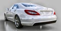 White Mercedes Benz CLS Coupe on a gray background. 3d rendering. Royalty Free Stock Photo