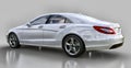 White Mercedes Benz CLS Coupe on a gray background. 3d rendering. Royalty Free Stock Photo