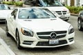 White Mercedes Benz SL 550 parked on Rodeo Drive LA Royalty Free Stock Photo