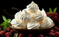 white meringue close-up on a brown plate around which raspberries and blackberries and leaves are washed