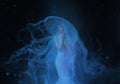 A white mermaid, with very long and blue hair floating under the water. An unusual image, the tail of a jellyfish