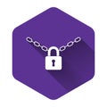 White Metal chain and lock icon isolated with long shadow. Padlock and steel chain. Purple hexagon button Royalty Free Stock Photo