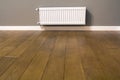 White metal heating radiator mounted on gray wall inside a room Royalty Free Stock Photo