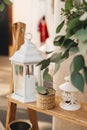 Metal lantern for candles, as well as elements of rustic decor in the decor of a wedding or home Royalty Free Stock Photo