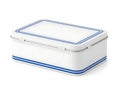 White metal lunch box with blue trim isolated on transparent background Royalty Free Stock Photo