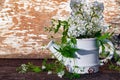 White metal teapot vase with a bouquet of white lilac flowers and grass woodlouse with green leaves.Background with a copy of the Royalty Free Stock Photo