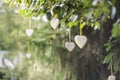 White metal and wooden hearts hanging in nature, celebration love