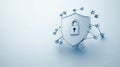 White metallic shield surrounded by a network of floating nodes on a soft gradient background, symbolizing interconnected cyber