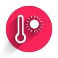 White Meteorology thermometer measuring heat and cold icon isolated with long shadow. Thermometer equipment showing hot