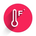 White Meteorology thermometer measuring heat and cold icon isolated with long shadow. Temperature Fahrenheit. Red circle