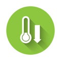 White Meteorology thermometer measuring icon isolated with long shadow. Thermometer equipment showing hot or cold