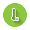 White Meteorology thermometer measuring icon isolated with long shadow. Thermometer equipment showing hot or cold