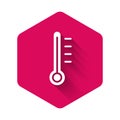 White Meteorology thermometer measuring icon isolated with long shadow. Thermometer equipment showing hot or cold