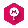 White Metro or Underground or Subway icon isolated with long shadow. Pink hexagon button. Vector