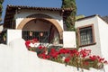 White mexican house with poinsettias and blue sky