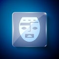 White Mexican mayan or aztec mask icon isolated on blue background. Square glass panels. Vector