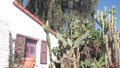 White mexican old house, window and garden, succulent cactus plant, California. Royalty Free Stock Photo