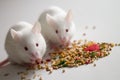 White mice eating bird seed on empty table Royalty Free Stock Photo