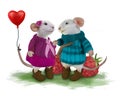 White mice in love between raspberries