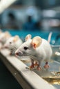 White mice in a medical scientific research laboratory. Laboratory experiments with animals