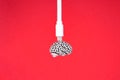 White micro usb cable connected to a small metal model of a human brain isolated on a red background. Profile shot Royalty Free Stock Photo