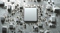 White microprocessor on a detailed circuit board representing modern technology.AI Generated.