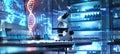 A white microscope sits on a table, illuminated by a blue light, with a digital screen displaying a strand of DNA in the