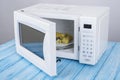 White microwave oven, on a blue wooden surface for heating food Royalty Free Stock Photo