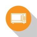 White Microwave oven icon isolated on white background. Home appliances icon. Orange circle button. Vector Illustration Royalty Free Stock Photo