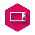 White Microwave oven icon isolated with long shadow. Home appliances icon. Pink hexagon button. Vector Royalty Free Stock Photo