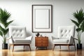 White Mid Century Living Room with Two Armchairs and Blank Photo Frame Mockup - Generative AI Royalty Free Stock Photo